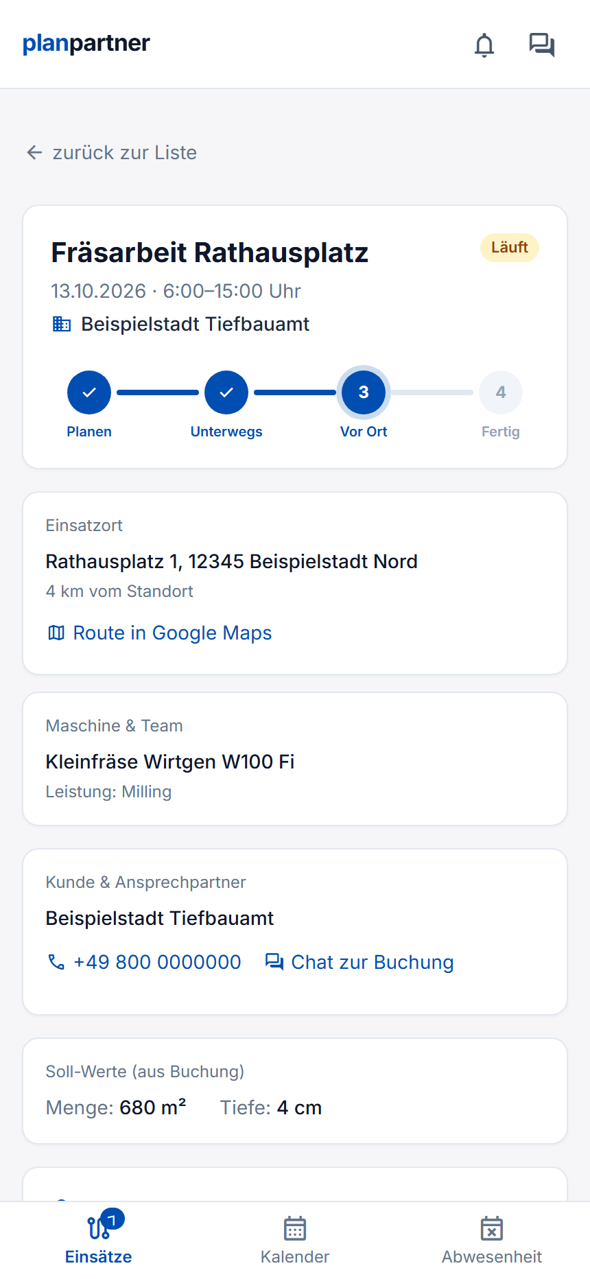 Einsatz-Detail mit Status und Soll-Werten