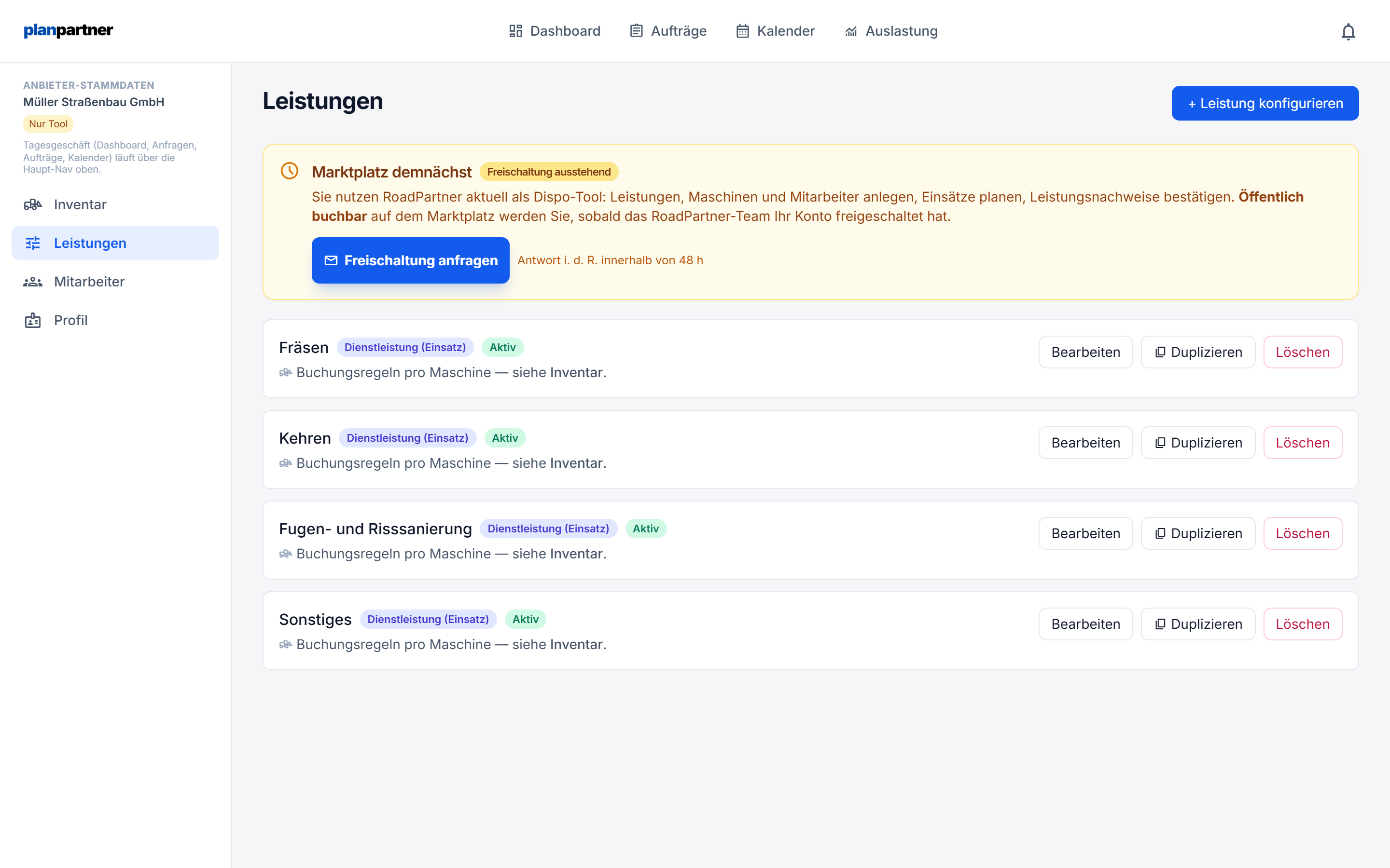Leistungskatalog mit Einheiten und Preisen